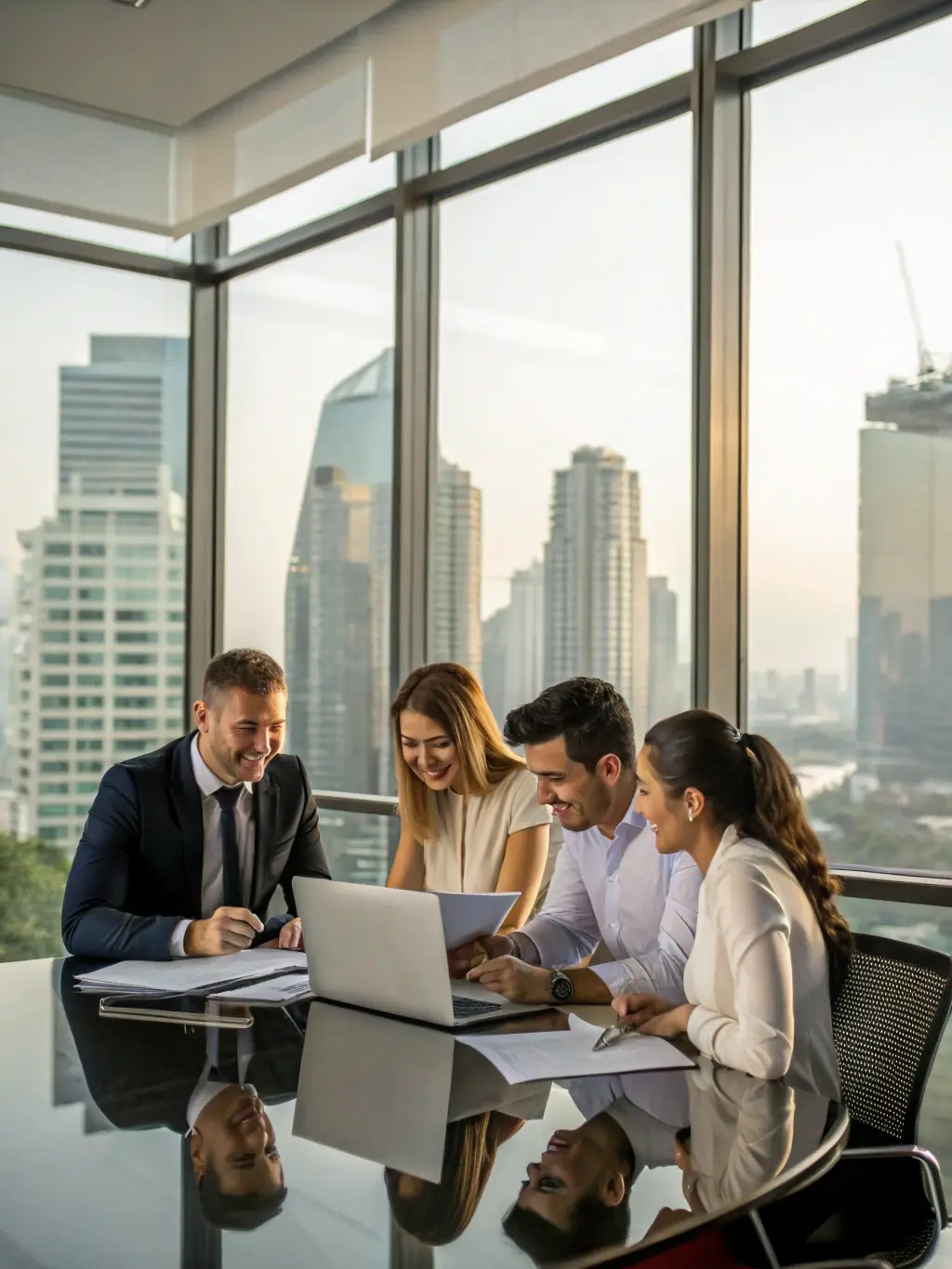 A diverse group of South African professionals collaborating on wealth management strategies in a bright, modern office, symbolizing teamwork and financial planning.