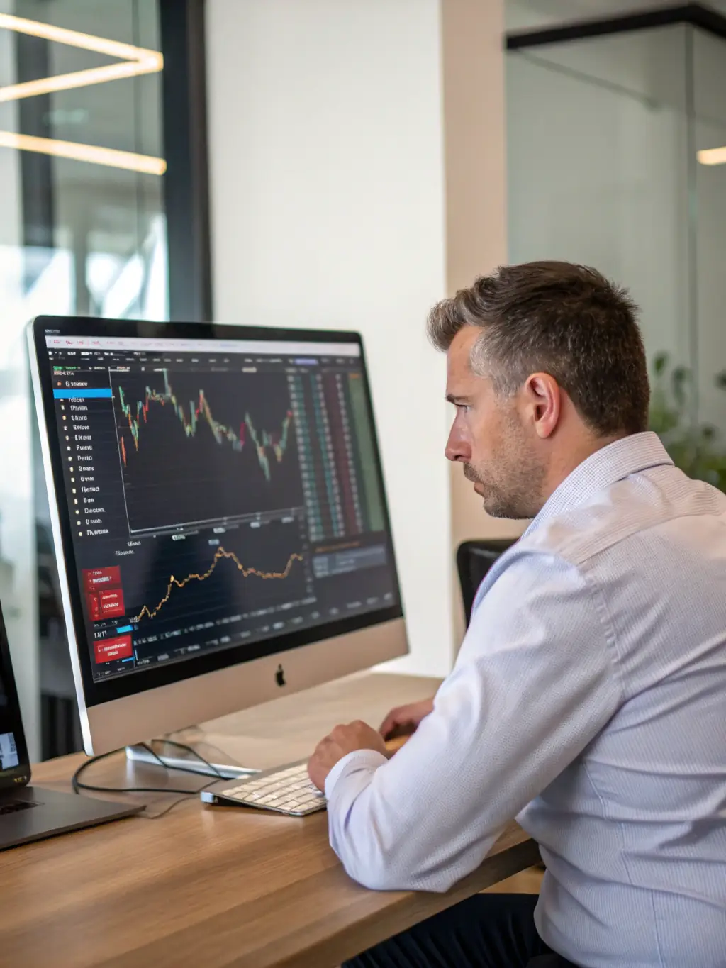 A professional South African financial consultant analyzing market data with a focused expression, surrounded by charts and graphs, in a modern office setting.